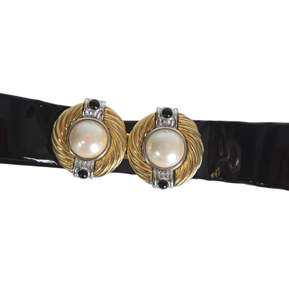 Vintage Black Patent Buckle Belt Pearl Mixed Metal Medallion Ornate 90s One Size